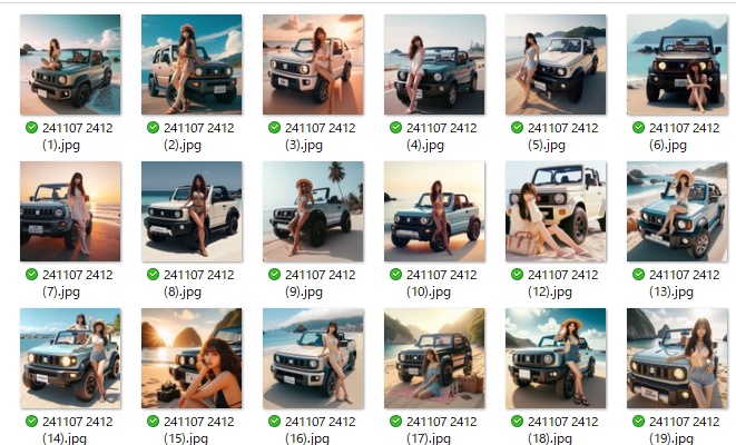 AI画像18枚セット スズキ 新型ジムニー風のオープンカーと美女（ビーチ編）無料お試し版あります