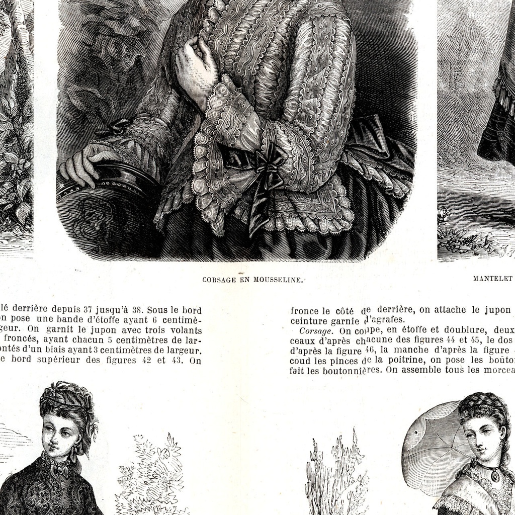 1873 フランスファッション誌『 La Mode Illustree 』見開き銅版画