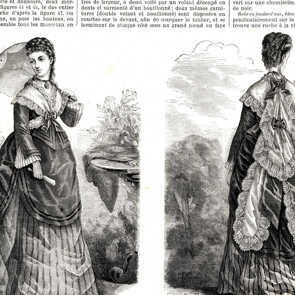 1873 フランスファッション誌『 La Mode Illustree 』見開き銅版画