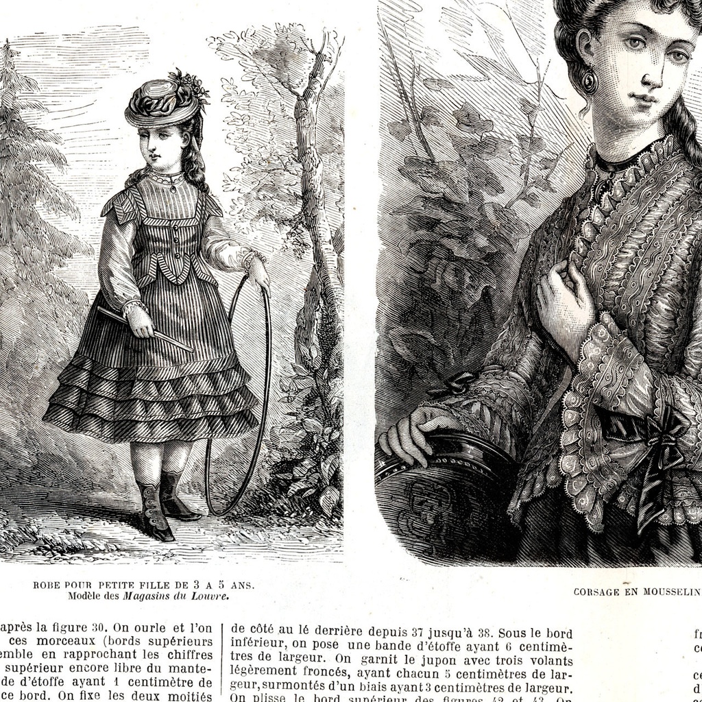 1873 フランスファッション誌『 La Mode Illustree 』見開き銅版画