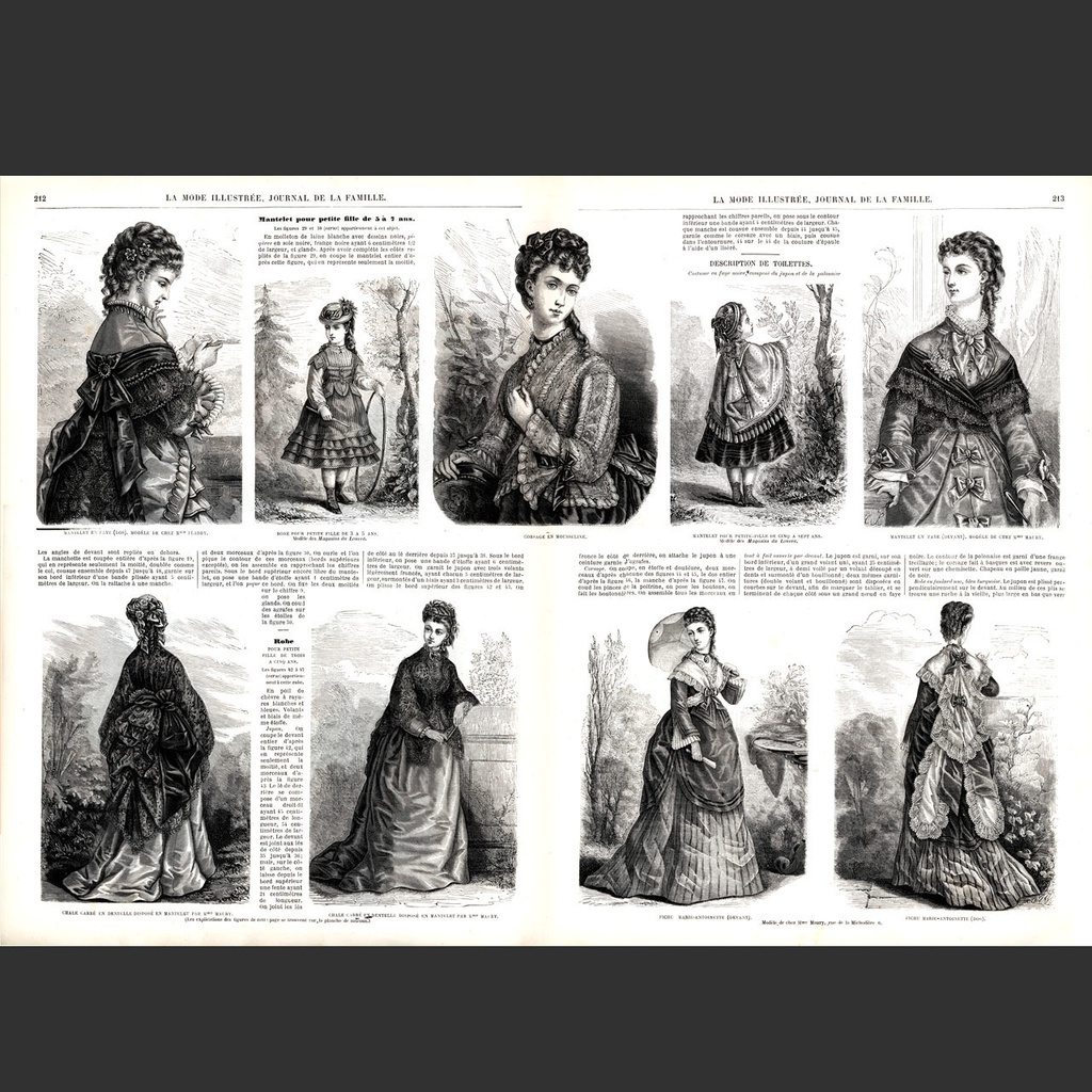 1873 フランスファッション誌『 La Mode Illustree 』見開き銅版画