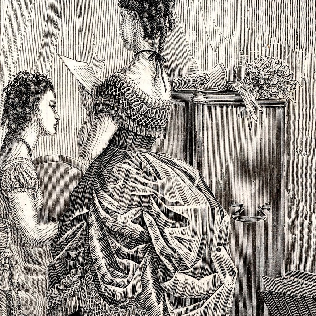 1873 フランスファッション誌『 La Mode Illustree 』見開き銅版画