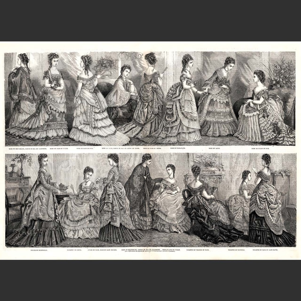 1873 フランスファッション誌『 La Mode Illustree 』見開き銅版画