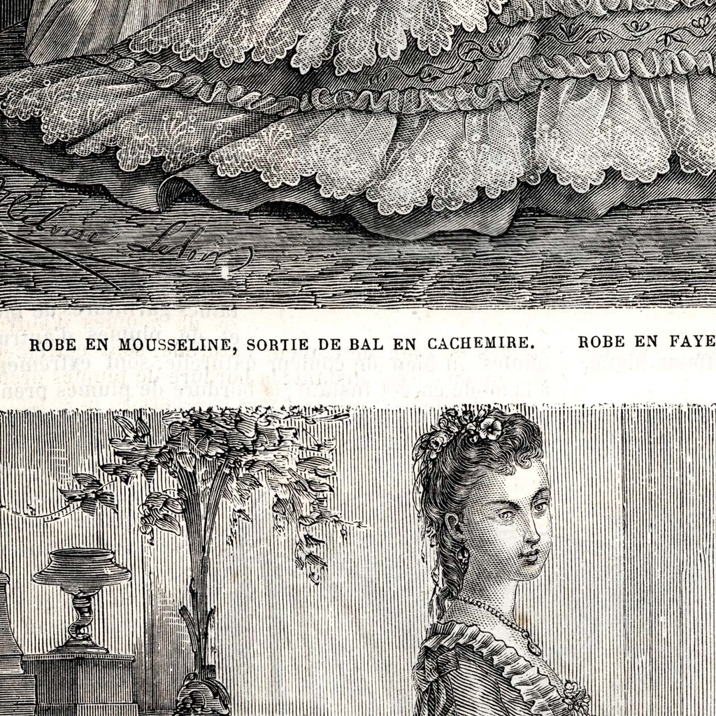 1873 フランスファッション誌『 La Mode Illustree 』見開き銅版画
