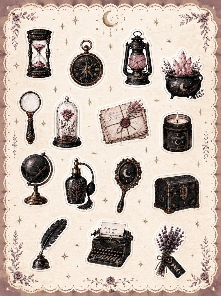 【オープン価格】【商用OK/74点】魔法とアンティークのステッカーパック (全6色) |デジタル手帳・印刷用素材