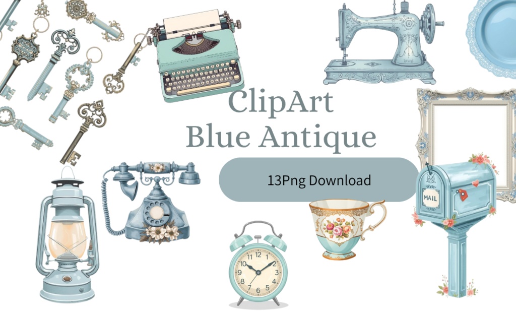 Blue Antique – かわいいアンティーク雑貨のクリップアート素材集(PNG形式)