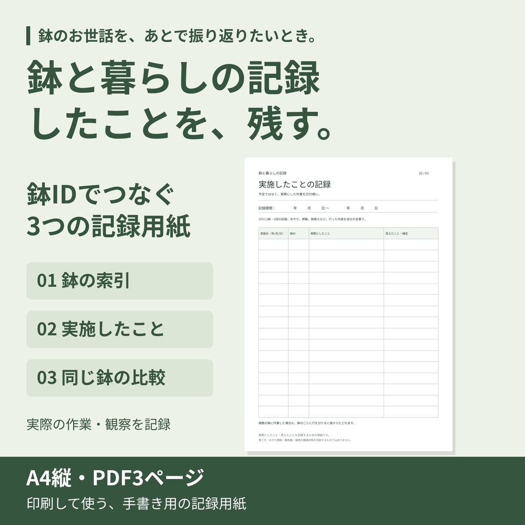 鉢と暮らしの記録｜手入れと変化を残すA4・3枚