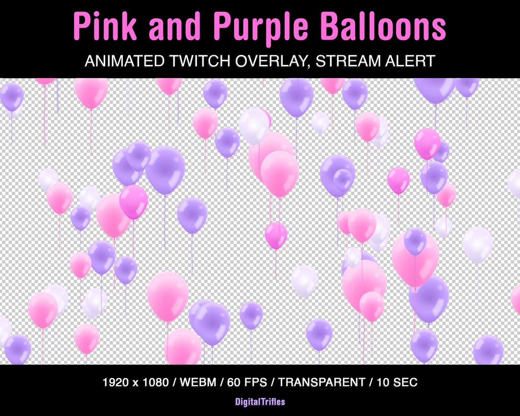 ピンクと紫色風船、かわいいパステルカラーのストリームオーバーレイ、アニメーション付き Twitch アラート / Pink and Purple Balloons, Cute Pastel Stream Overlay, Animated Twitch Alert