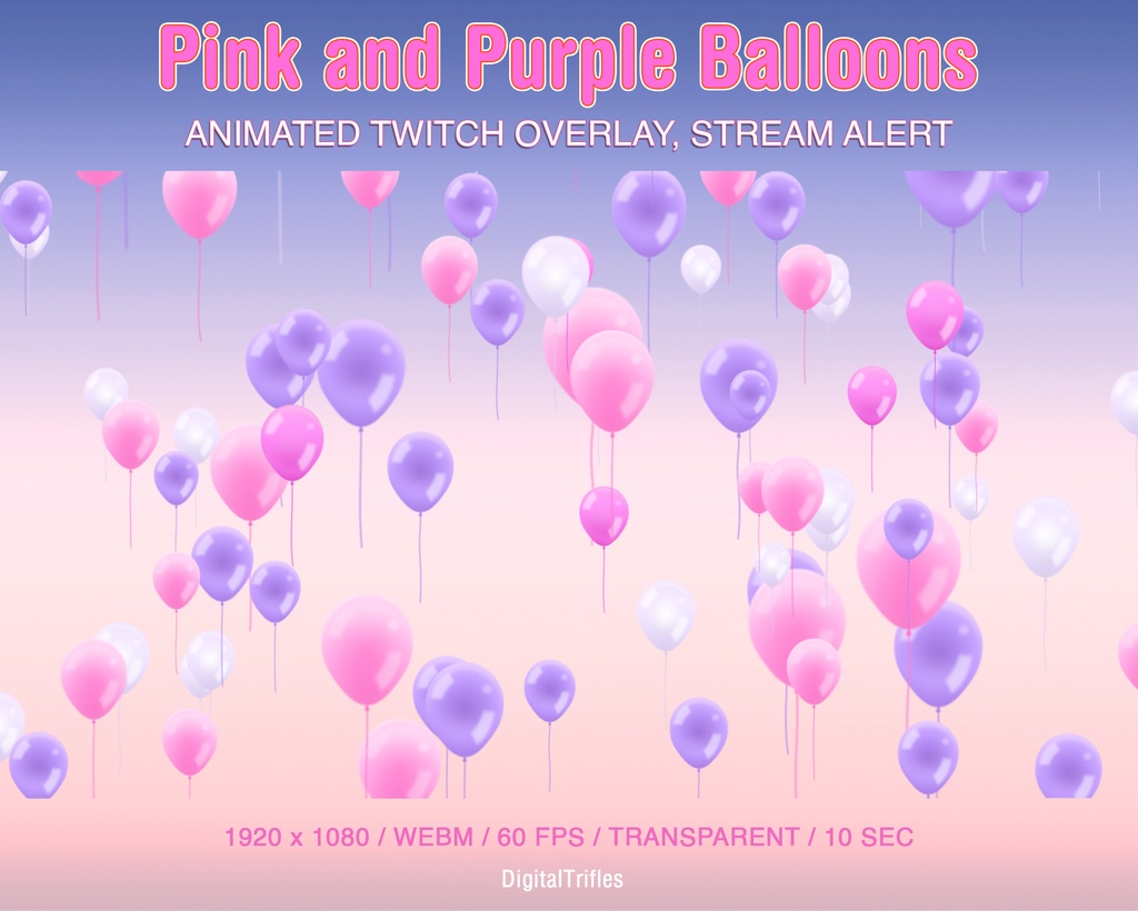 ピンクと紫色風船、かわいいパステルカラーのストリームオーバーレイ、アニメーション付き Twitch アラート / Pink and Purple Balloons, Cute Pastel Stream Overlay, Animated Twitch Alert