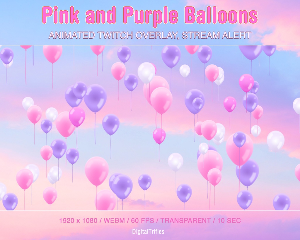 ピンクと紫色風船、かわいいパステルカラーのストリームオーバーレイ、アニメーション付き Twitch アラート / Pink and Purple Balloons, Cute Pastel Stream Overlay, Animated Twitch Alert