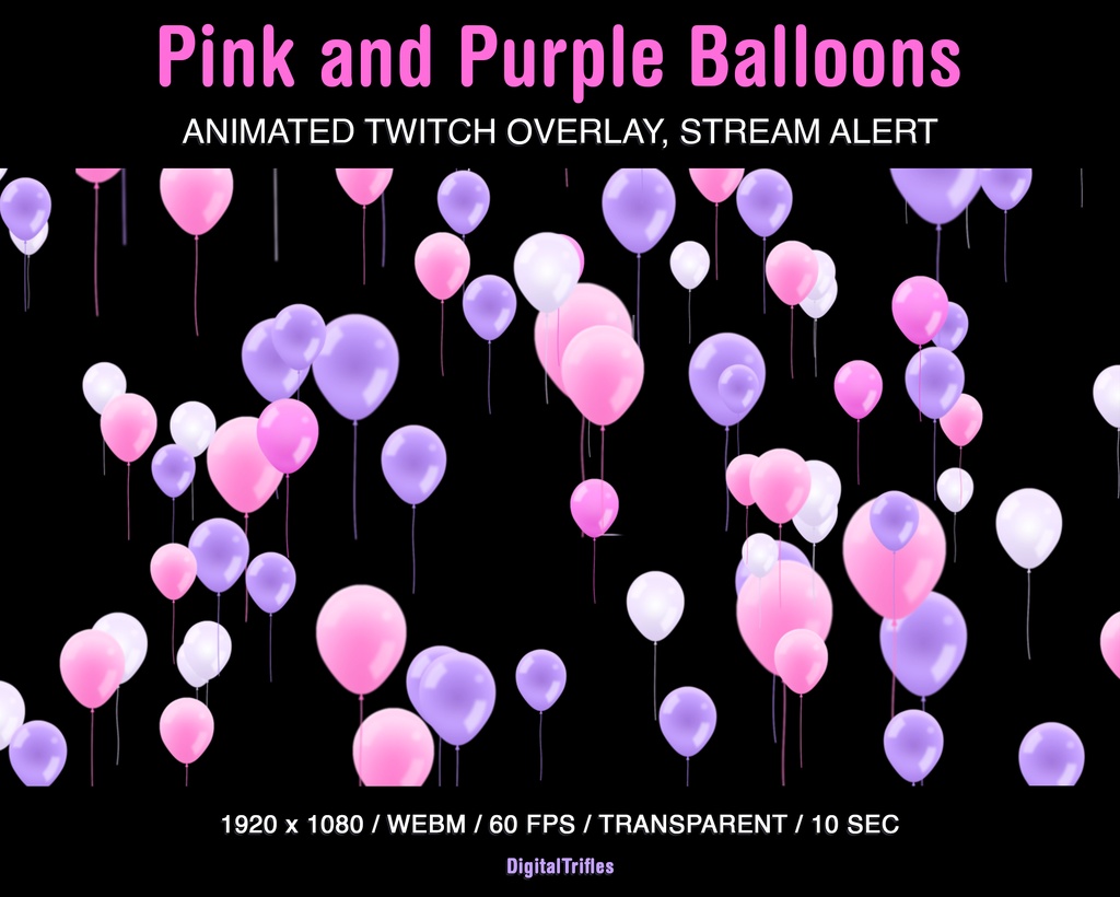 ピンクと紫色風船、かわいいパステルカラーのストリームオーバーレイ、アニメーション付き Twitch アラート / Pink and Purple Balloons, Cute Pastel Stream Overlay, Animated Twitch Alert