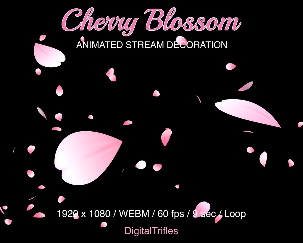 Cherry blossom animation, Twitch stream overlay, pink sakura petals falling on transparent background, loop / 桜のアニメーション Twitch オーバーレイ、透明な背景に舞い散るピンクの花びら、全画面、ループ
