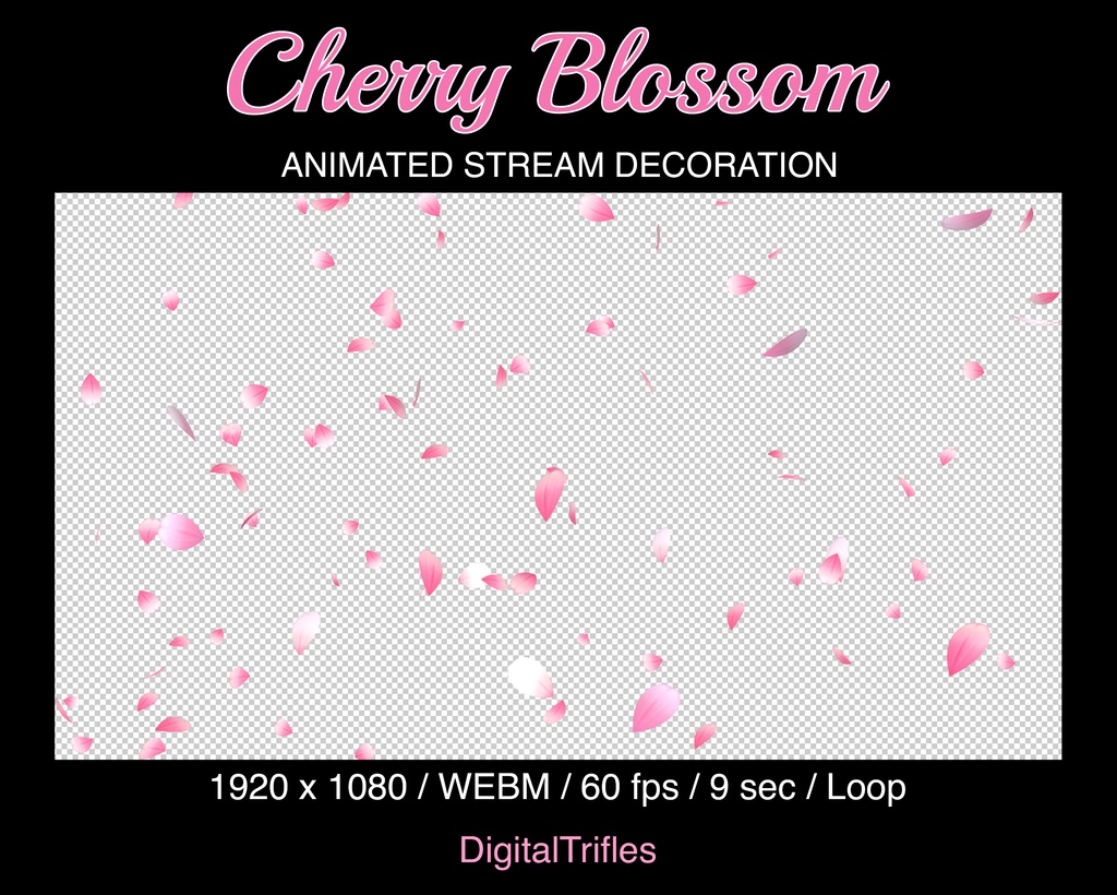 Cherry blossom animation, Twitch stream overlay, pink sakura petals falling on transparent background, loop / 桜のアニメーション Twitch オーバーレイ、透明な背景に舞い散るピンクの花びら、全画面、ループ