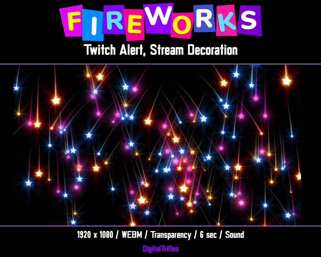 明るいアニメーション花火、Twitch アラート、透明な背景とサウンドを備えたストリーム オーバーレイ / Animated Fireworks, Twitch Alert, Stream Overlay with Transparent Background and Sound