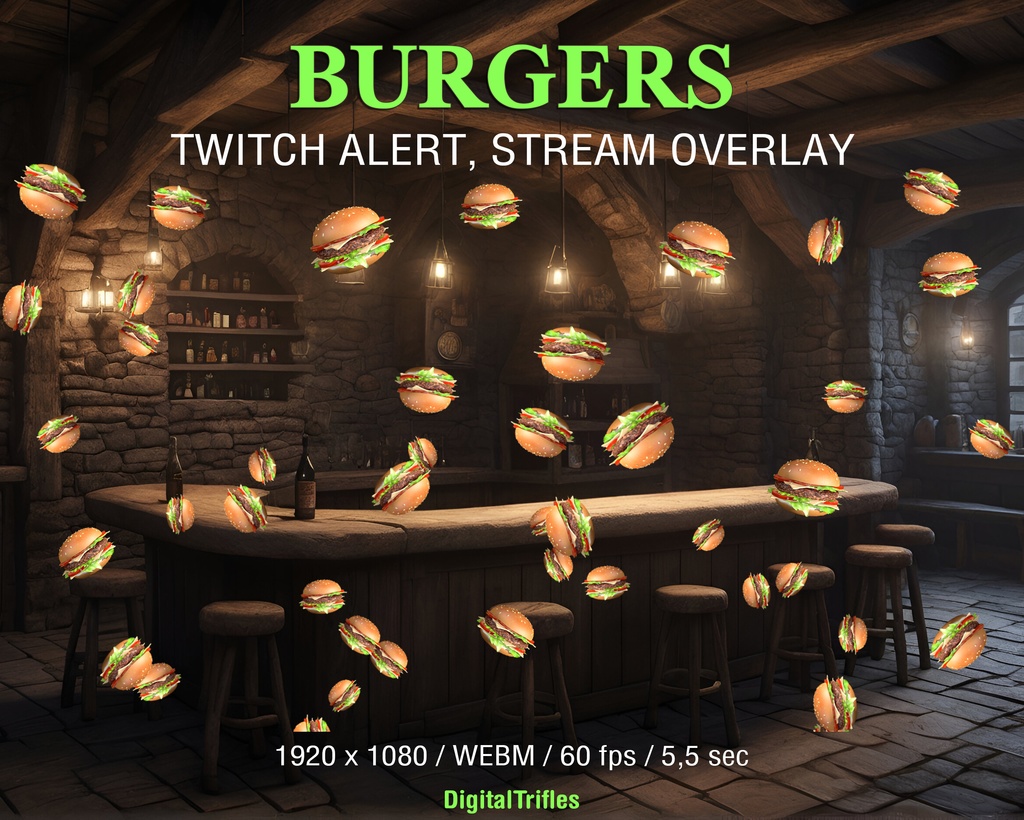 Twitch アラート アニメーション バーガー、ストリーム オーバーレイ ストリーマーと Vtuber 向けハンバーガー アラート / Twitch Alert Animated Burgers, Stream Overlay Hamburger Alert for Streamers and Vtubers