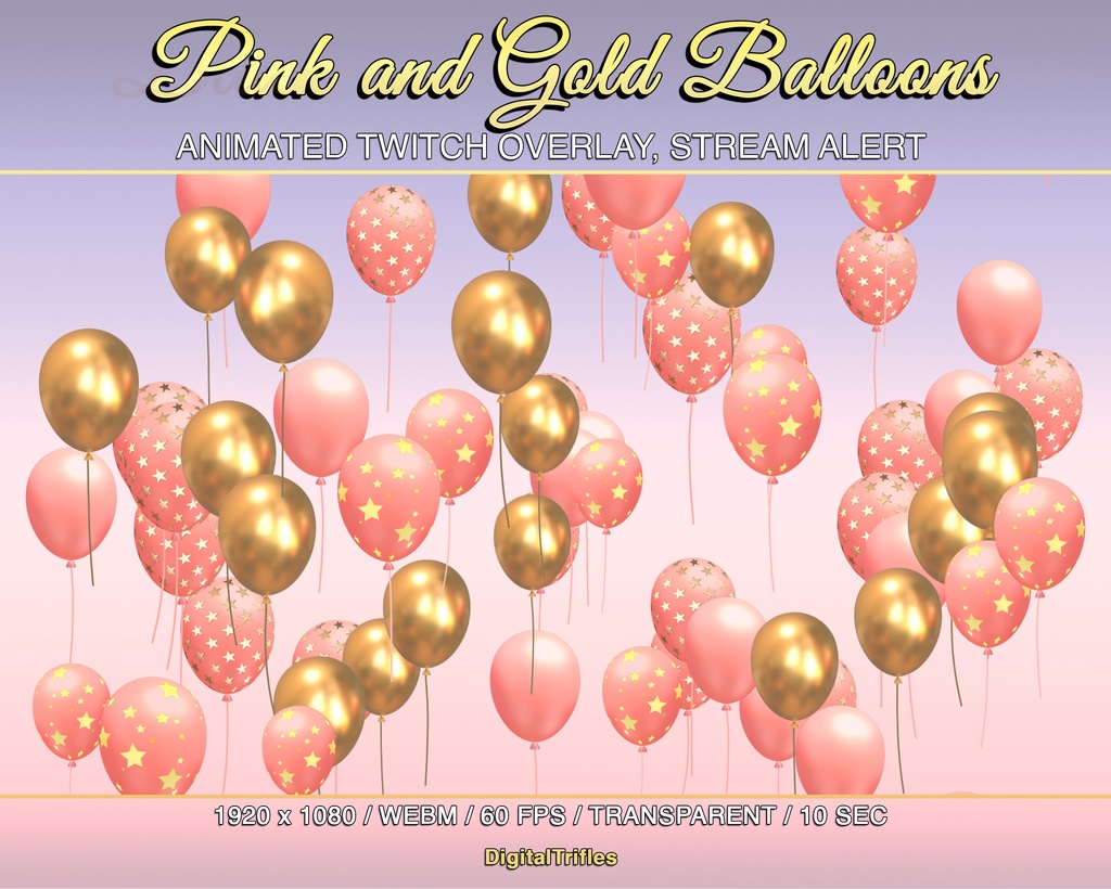 アニメーション ストリーム オーバーレイ、金色とピンクの風船、ストリーマーと VTuber 向けのかわいい装飾、Twitch アラート / Animated Stream Overlay, Gold and Pink Balloons, Cute Decor for Streamer and VTuber, Full Screen Twitch Alert