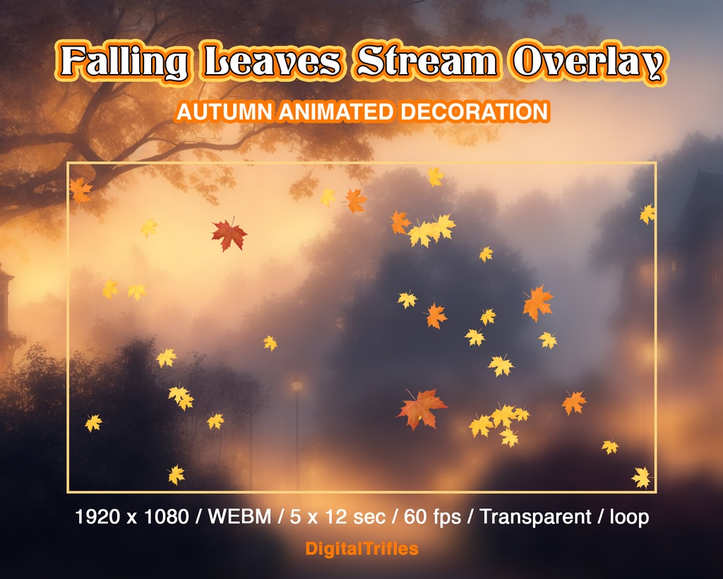 落ちてくる秋の葉、Twitch オーバーレイ、5 つのアニメーションのストリーム パッケージ、秋の赤と黄色の葉のスクリーン オーバーレイ / Falling autumn leaves, Twitch overlays, stream package of 5 animations, webcam border with fall red and yellow leaves