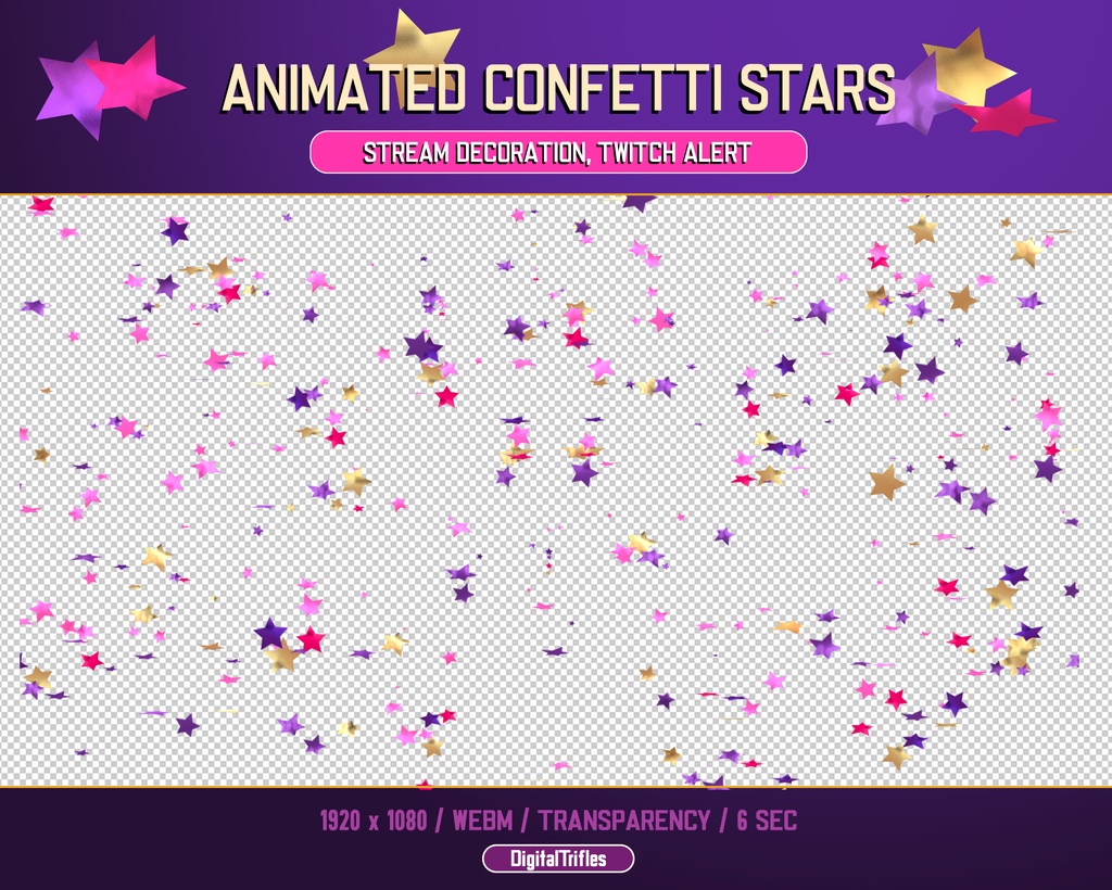 アニメーション化された Twitch アラート、ピンク、紫、金色の星の紙吹雪、かわいいストリーム オーバーレイ / Animated Twitch alerts, pink, purple and gold stars confetti, cute stream overlay