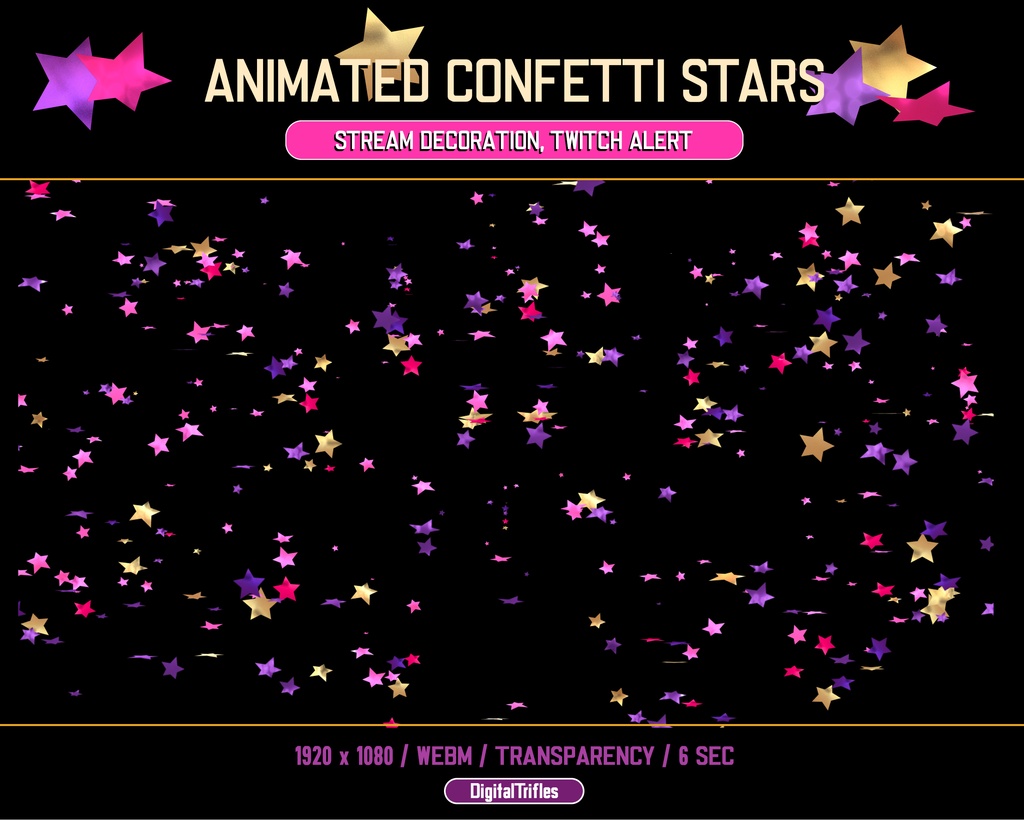 アニメーション化された Twitch アラート、ピンク、紫、金色の星の紙吹雪、かわいいストリーム オーバーレイ / Animated Twitch alerts, pink, purple and gold stars confetti, cute stream overlay