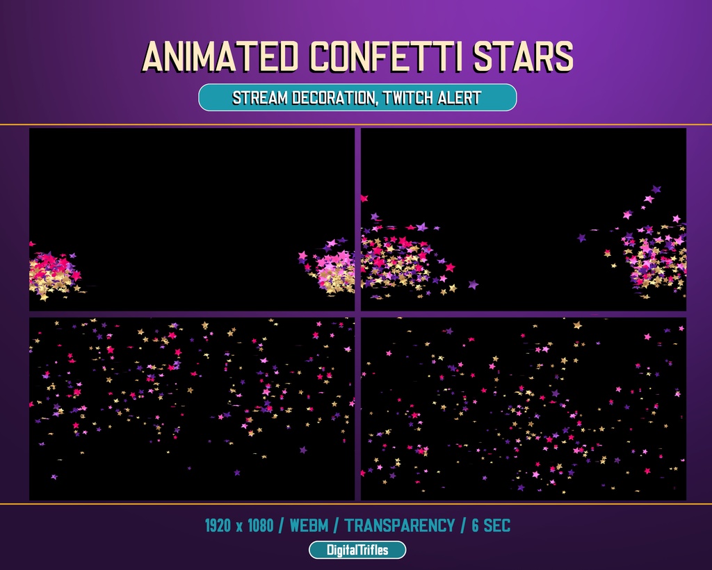 アニメーション化された Twitch アラート、ピンク、紫、金色の星の紙吹雪、かわいいストリーム オーバーレイ / Animated Twitch alerts, pink, purple and gold stars confetti, cute stream overlay