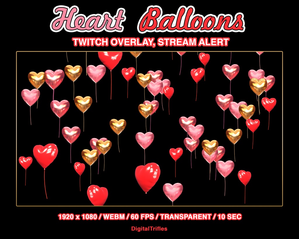 Twitch オーバーレイ アニメーション ラブハート バルーン、ストリーム アラート、赤、ピンク、ゴールドのハートの風船 / Twitch overlay animation love heart balloons, stream alerts, red, pink and gold heart balloons