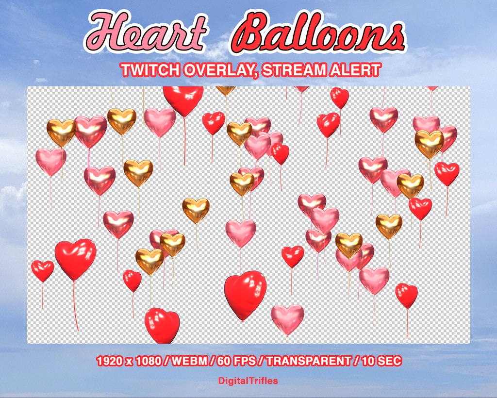 Twitch オーバーレイ アニメーション ラブハート バルーン、ストリーム アラート、赤、ピンク、ゴールドのハートの風船 / Twitch overlay animation love heart balloons, stream alerts, red, pink and gold heart balloons