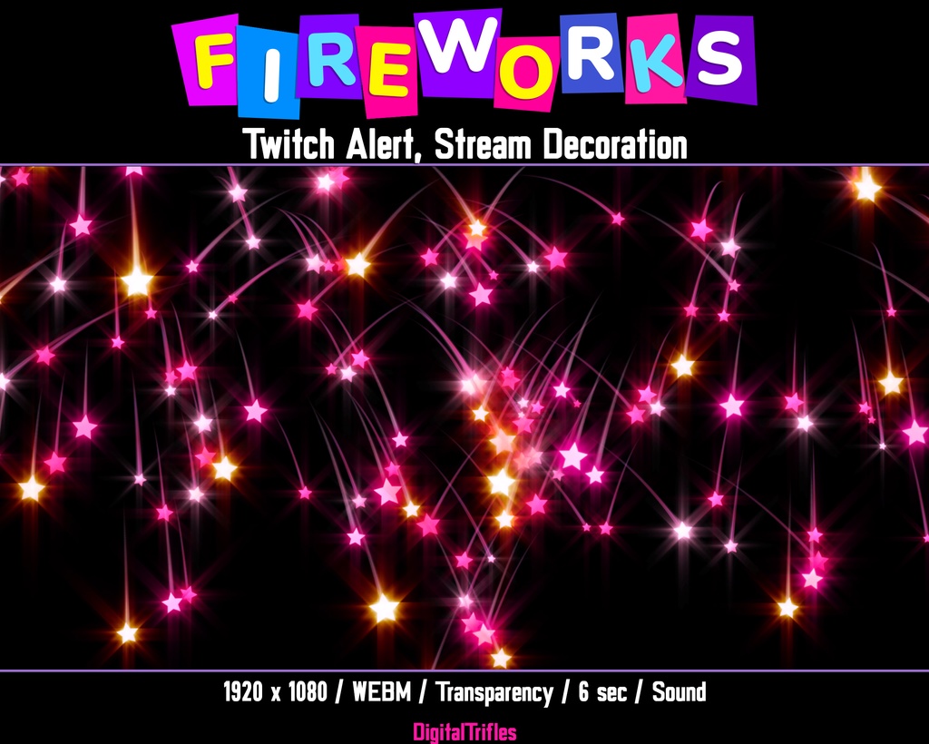 ピンクの明るいアニメーション花火、Twitch アラート、透明な背景とサウンドを備えたストリーム オーバーレイ / Animated Pink Fireworks, Twitch Alert, Stream Overlay with Transparent Background and Sound