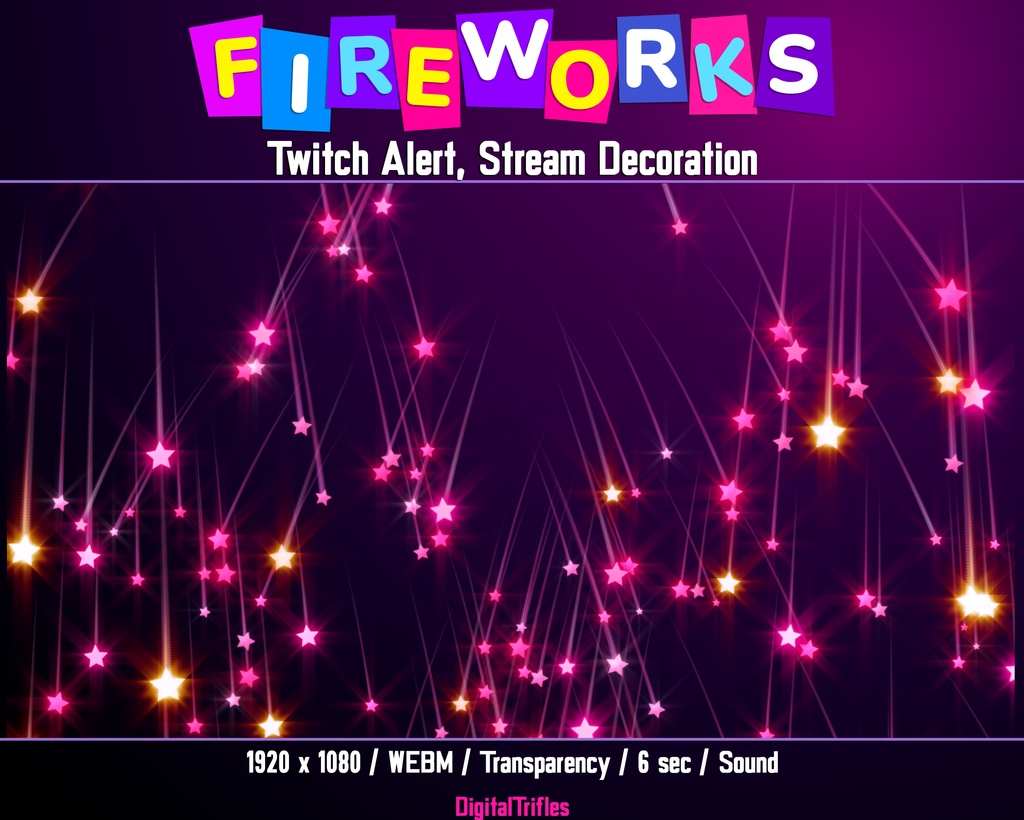 ピンクの明るいアニメーション花火、Twitch アラート、透明な背景とサウンドを備えたストリーム オーバーレイ / Animated Pink Fireworks, Twitch Alert, Stream Overlay with Transparent Background and Sound