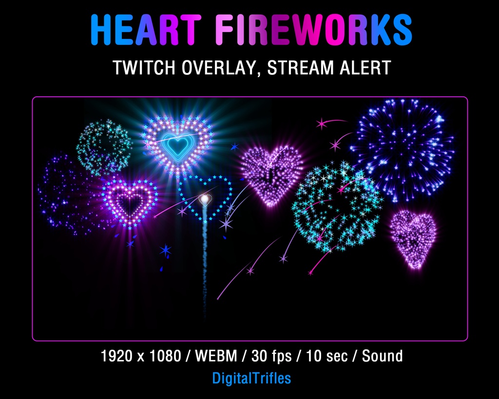 ハート型花火、Twitch オーバーレイ、ストリーム アラート、新年 / Heart-shaped Beautiful Fireworks, Twitch Overlay, Stream Alert