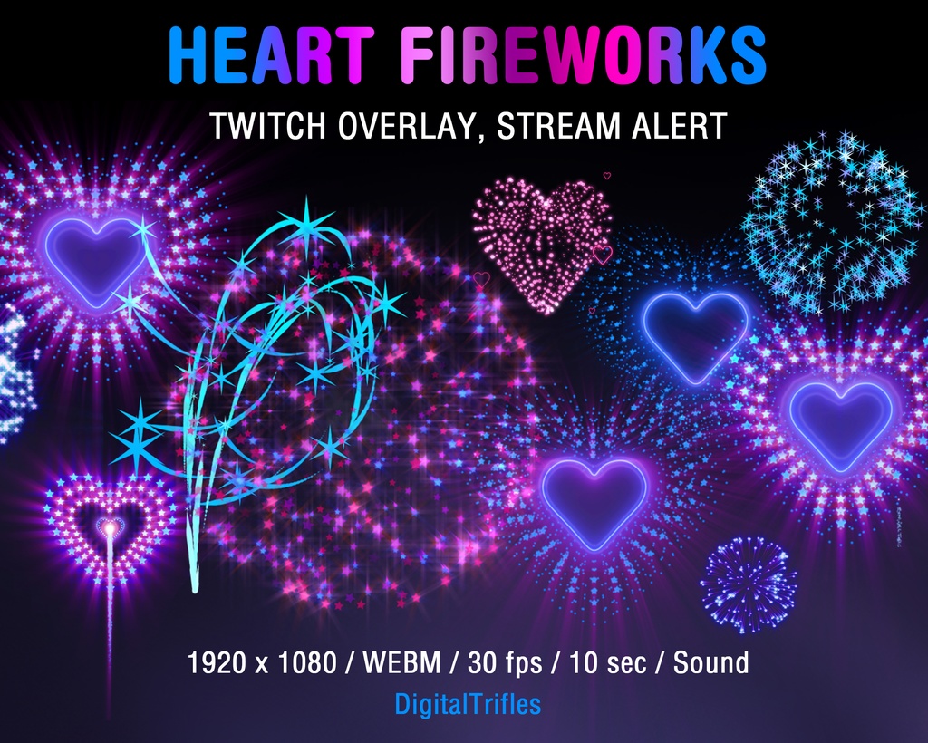 ハート型花火、Twitch オーバーレイ、ストリーム アラート、新年 / Heart-shaped Beautiful Fireworks, Twitch Overlay, Stream Alert