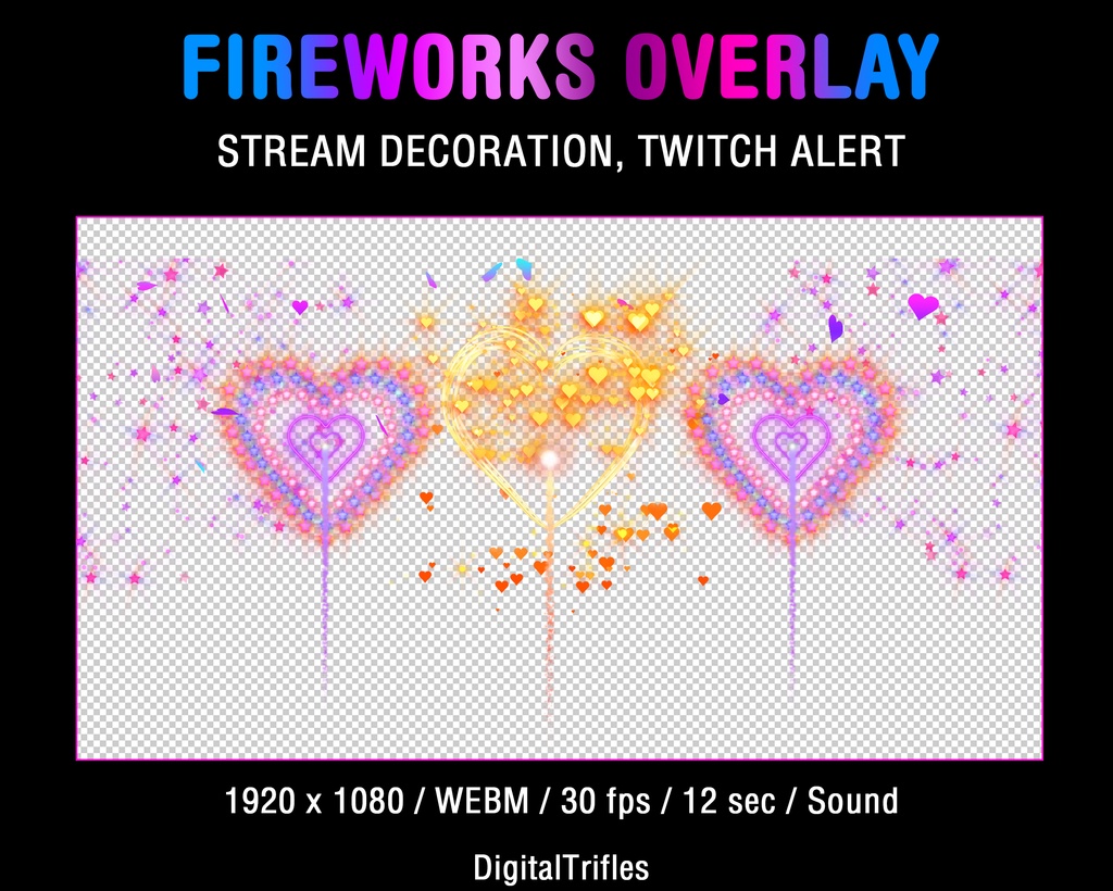 アニメーション花火、キラキラ輝くハートと紙吹雪、Twitch オーバーレイ、ストリームアラート、Vtuber アセット / Animated Fireworks, Sparkling Hearts and Confetti, Twitch Overlay, Stream  Alert, Vtuber Asset