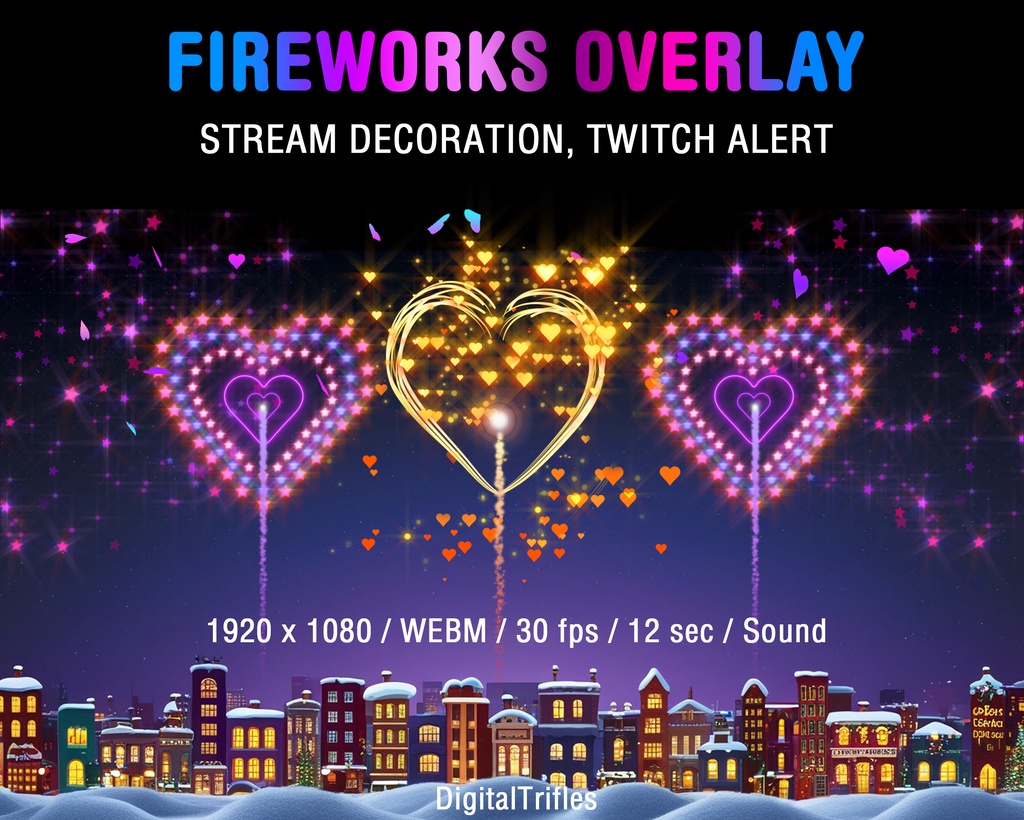 アニメーション花火、キラキラ輝くハートと紙吹雪、Twitch オーバーレイ、ストリームアラート、Vtuber アセット / Animated Fireworks, Sparkling Hearts and Confetti, Twitch Overlay, Stream  Alert, Vtuber Asset