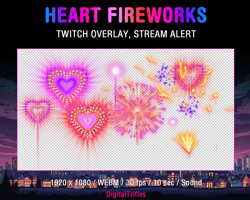 ハート型のピンクの花火、アニメーション ストリーム オーバーレイ、Twitch アラート、OBS、StreamElements、Streamlabs 用、サウンド付き / Hearts Shaped Pink Fireworks, Animated Stream Overlay, Twitch Alert, for OBS, StreamElements, Streamlabs