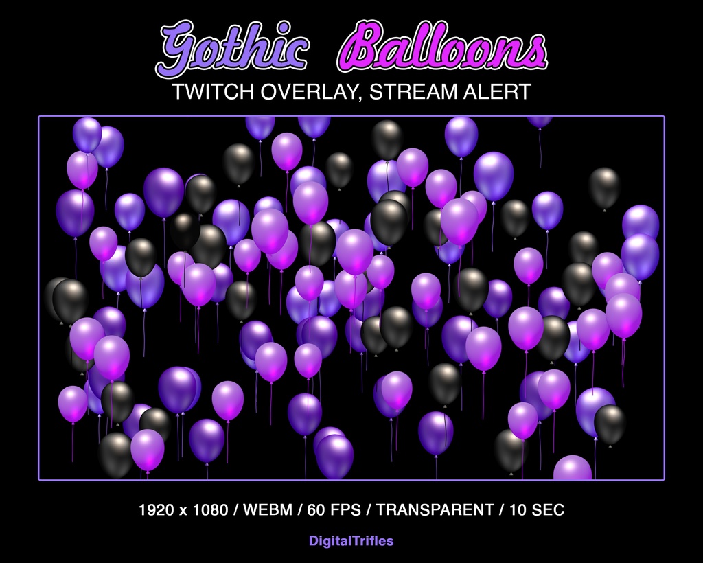 Twitch オーバーレイ アニメーション ゴス バルーン、ストリーム アラート、黒、紫のバルーン / Animated Gothic Balloons, Stream Overlay, Witchy Streamers and VTubers Asset, Twitch Alert