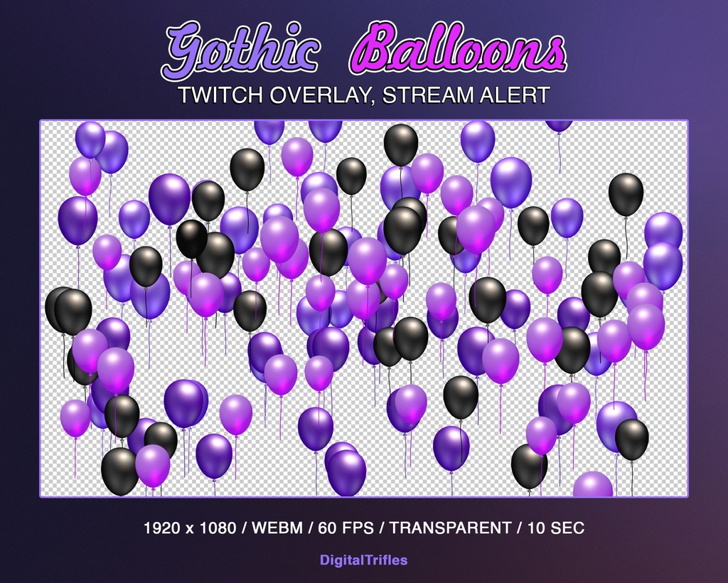Twitch オーバーレイ アニメーション ゴス バルーン、ストリーム アラート、黒、紫のバルーン / Animated Gothic Balloons, Stream Overlay, Witchy Streamers and VTubers Asset, Twitch Alert