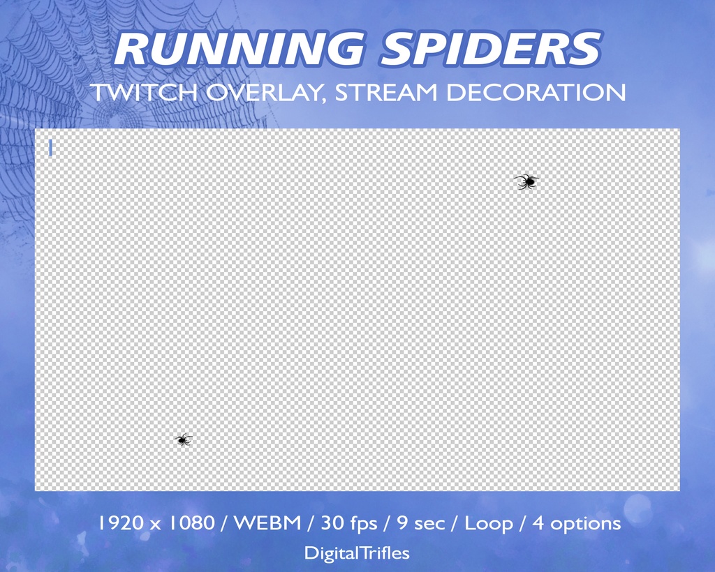 走るクモ、Twitch オーバーレイ、アニメーション ストリーム デコレーション、ストリームオーバーレイ、Vtuberアセット、ハロウィン、怖い、ホラー、魔術 / Running Spiders, Twitch Overlay, Animated Stream Decoration, Vtuber Assets, Halloween, Scary, Horror, Witch