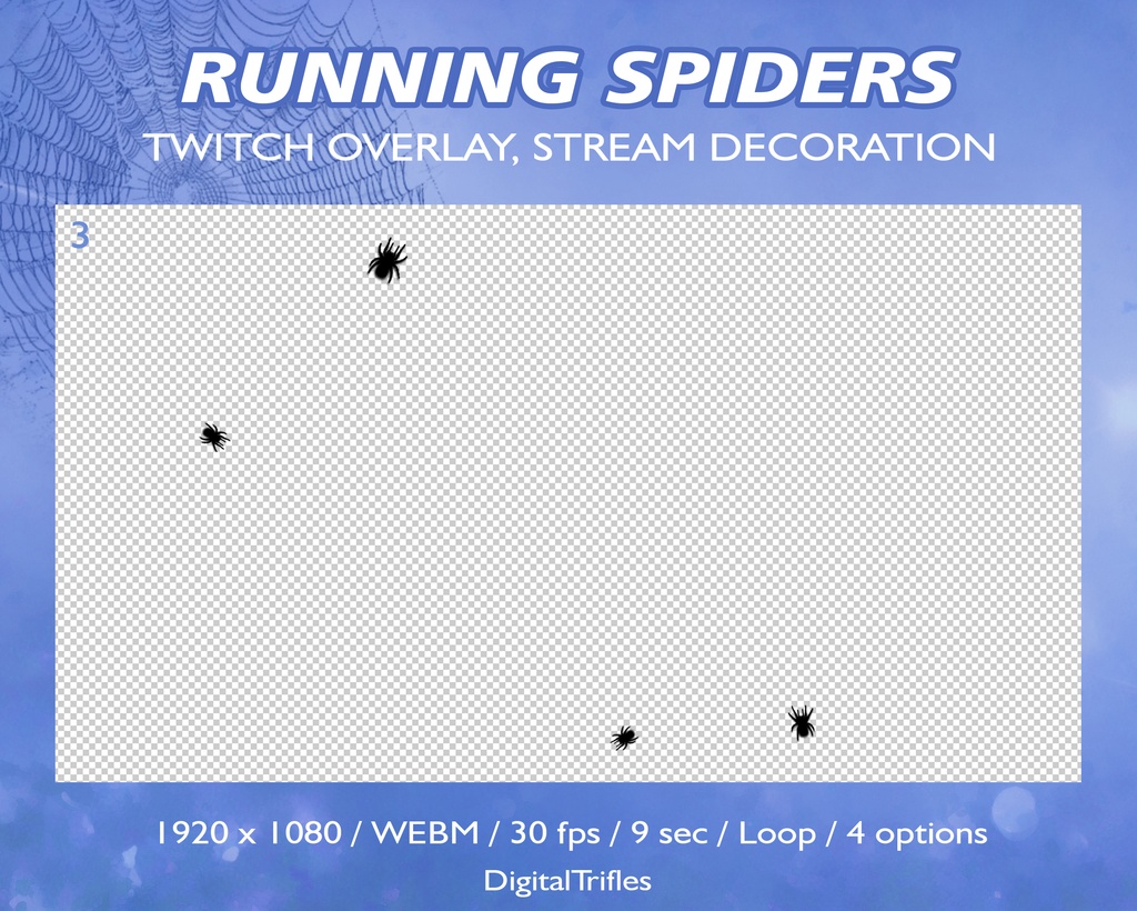 走るクモ、Twitch オーバーレイ、アニメーション ストリーム デコレーション、ストリームオーバーレイ、Vtuberアセット、ハロウィン、怖い、ホラー、魔術 / Running Spiders, Twitch Overlay, Animated Stream Decoration, Vtuber Assets, Halloween, Scary, Horror, Witch