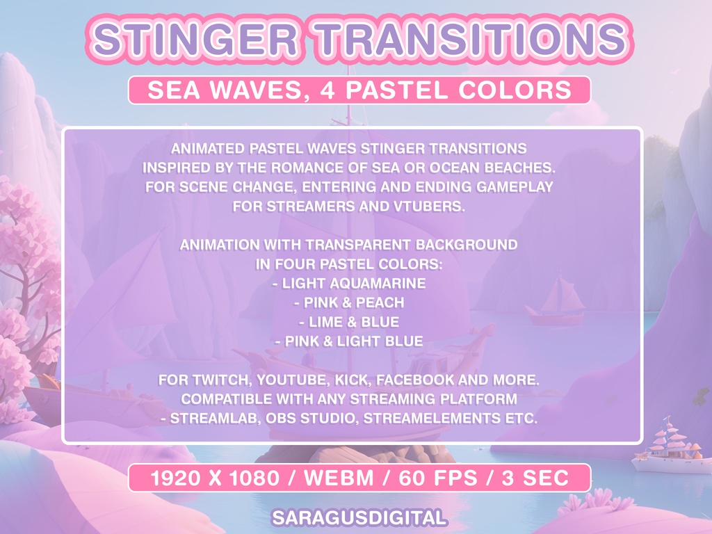 ツイッチのスティンガートランジション、パステルの海の波、かわいい美的ストリームオーバーレイ、アニメーション付きOBSシーントランジション / Twitch Stinger Transitions, Pastel Sea Waves, Cute Aesthetic Stream Overlays, Animated OBS Scene Transition