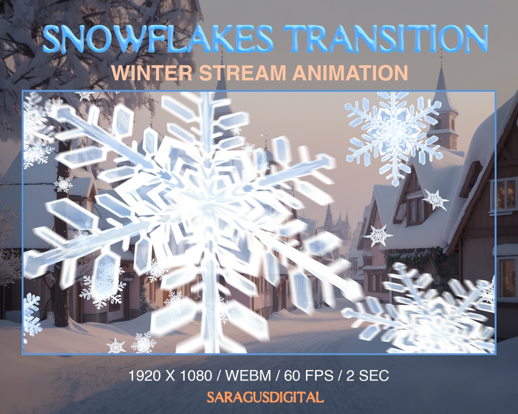 スノーフレーク・スティンガー・トランジション、冬の配信向けのアニメーション雪オーバーレイ、Twitch用シーンチェンジ、降雪、クリスマス、正月 / Snowflakes stinger transition, animated snow overlay for winter streams, Twitch transition, Christmas, New Year
