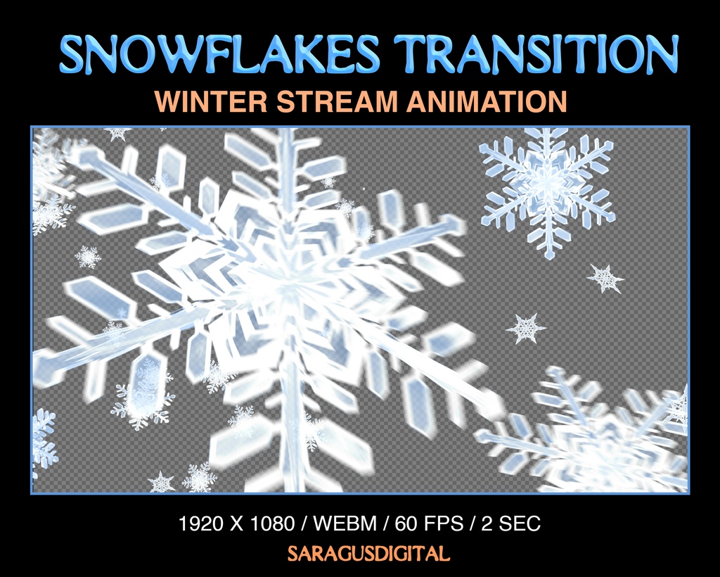 スノーフレーク・スティンガー・トランジション、冬の配信向けのアニメーション雪オーバーレイ、Twitch用シーンチェンジ、降雪、クリスマス、正月 / Snowflakes stinger transition, animated snow overlay for winter streams, Twitch transition, Christmas, New Year