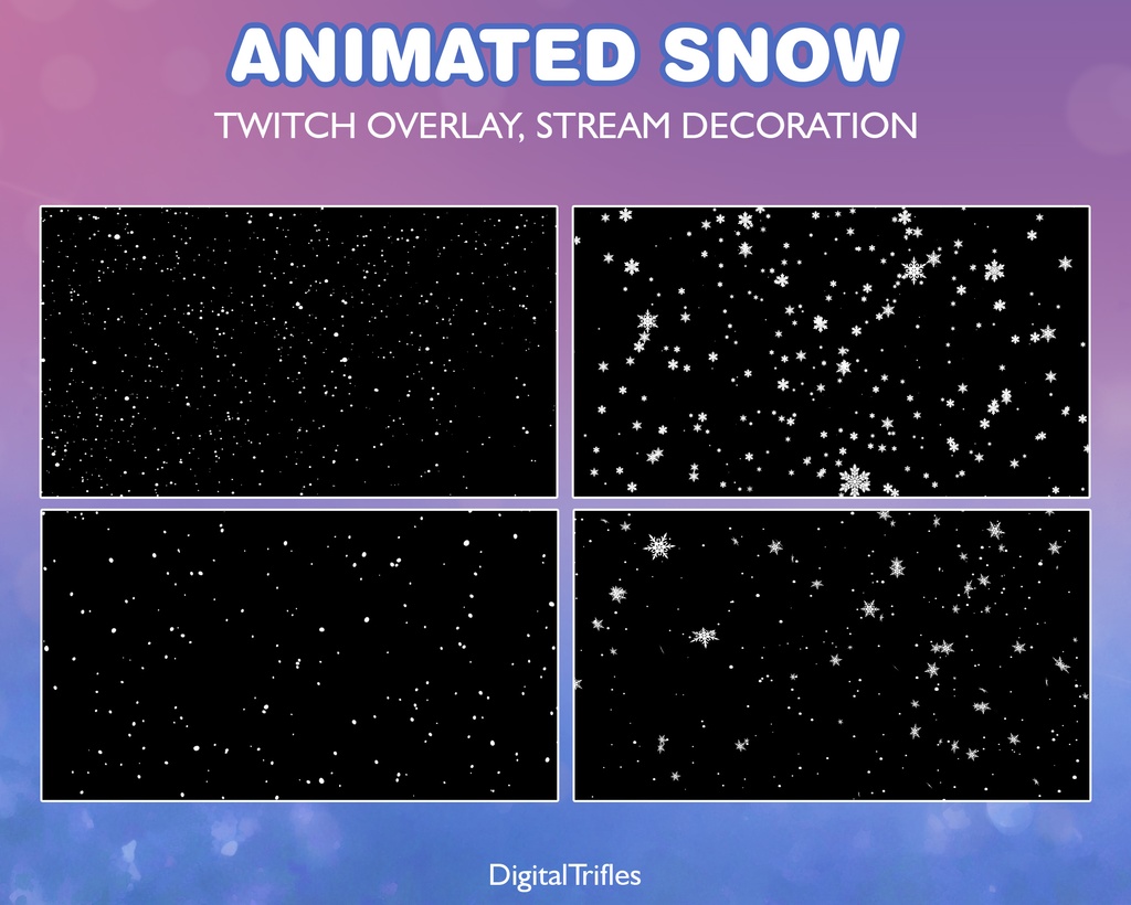 アニメーション化された雪の Twitch オーバーレイ、ストリーム アセット、冬とクリスマスのストリーミング テーマ、4 つの降雪と雪の結晶のストリーム デコレーション、ループ動画 / Animated Snow Twitch Overlay, Winter, Christmas, Snowfall, Snowflake, Stream Decorations, Loop