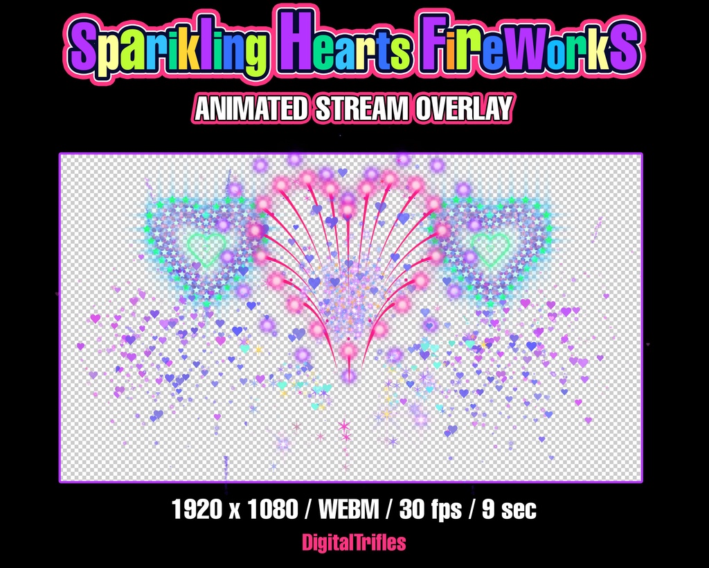 アニメーションのきらめく花火、Twitchアラート、ストリームオーバーレイ、VTuber向けアセッ、輝くハート、紙吹雪のストリーム装飾、サウンド付き / Animated Sparkling Fireworks, Twitch Alert, Stream Overlay, Glowing Hearts, Confetti, Sound, New Year, Valentines