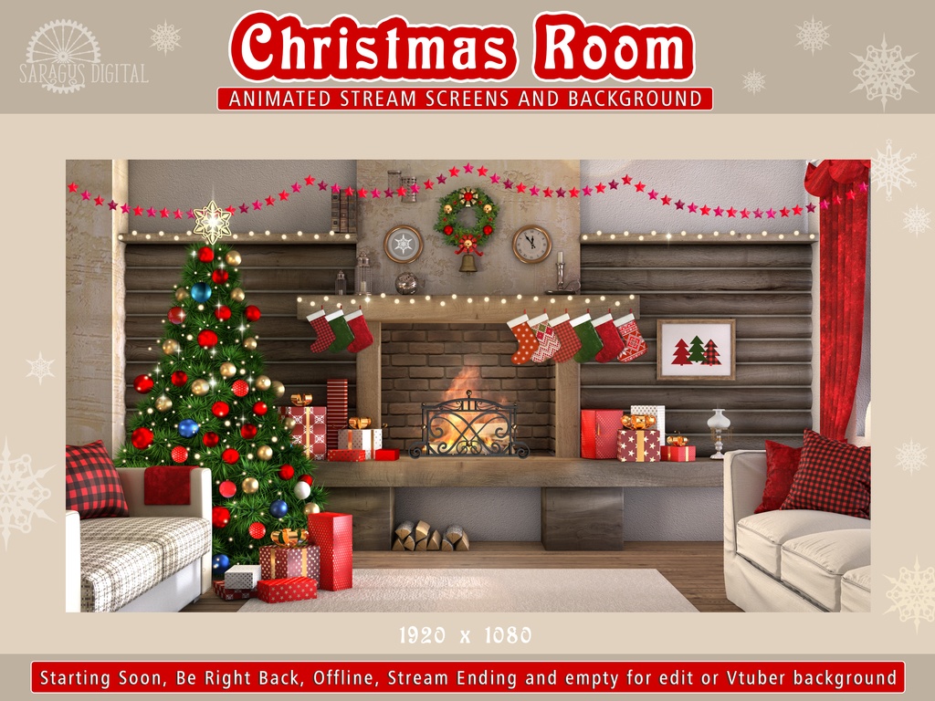 クリスマスルーム ツイッチオーバーレイ、動く配信画面、 OBSのシーン、Twitch用シーン、 正月、冬、クリスマスツリー、暖炉、非AI / Christmas Twitch Overlay, Animated Stream Screens, Starting Soon, BRB, Vtuber Room, Winter, Xmas Tree, Fireplace, No AI