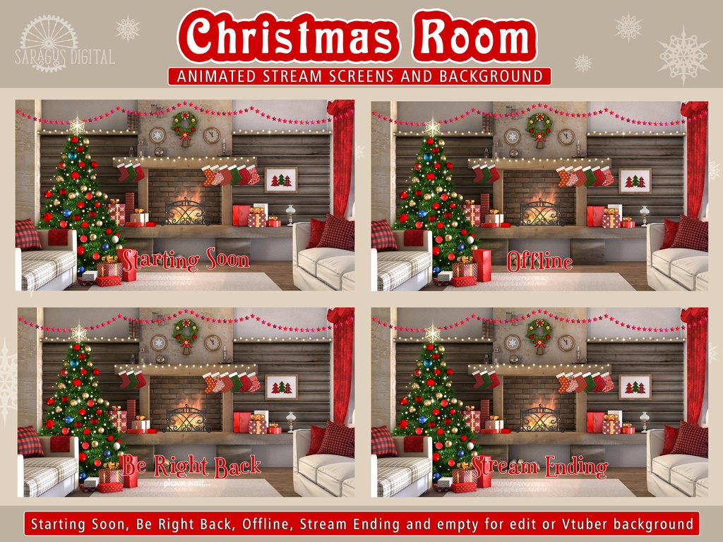 クリスマスルーム ツイッチオーバーレイ、動く配信画面、 OBSのシーン、Twitch用シーン、 正月、冬、クリスマスツリー、暖炉、非AI / Christmas Twitch Overlay, Animated Stream Screens, Starting Soon, BRB, Vtuber Room, Winter, Xmas Tree, Fireplace, No AI