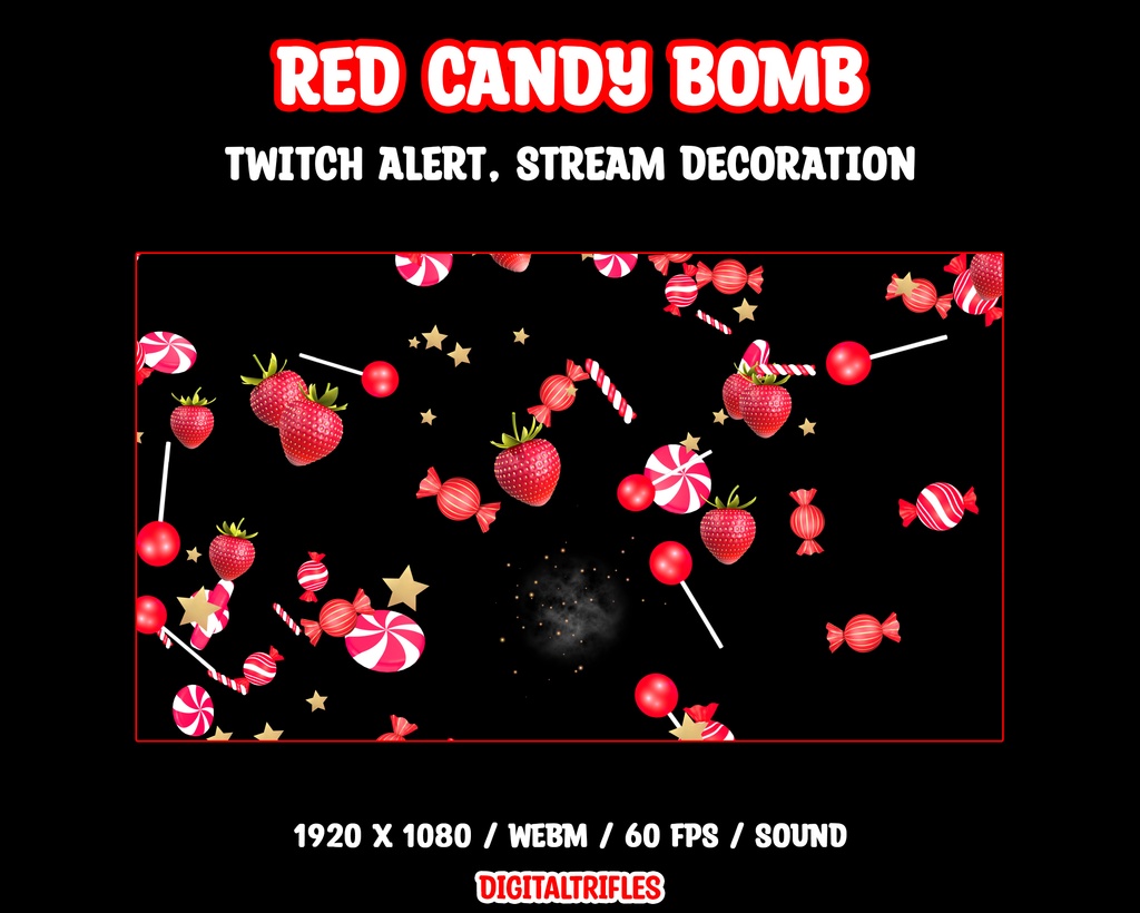 甘い赤いボム、キャンディーとイチゴ入り、ツイッチオーバーレイ、ストリームアラート、ストリームデコレーション / Red Candy Bomb Twitch Alert, Full Screen Animated Stream Overlay, Candy and Strawberry BOOM! Stream Decoration, Sound