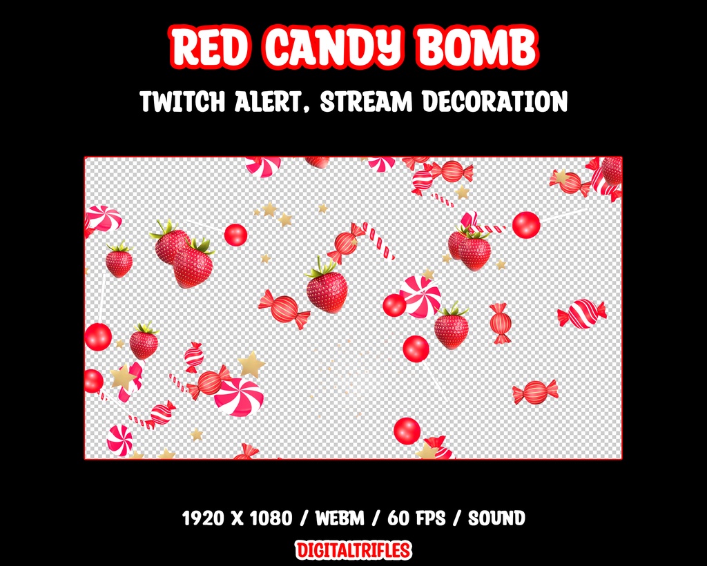 甘い赤いボム、キャンディーとイチゴ入り、ツイッチオーバーレイ、ストリームアラート、ストリームデコレーション / Red Candy Bomb Twitch Alert, Full Screen Animated Stream Overlay, Candy and Strawberry BOOM! Stream Decoration, Sound