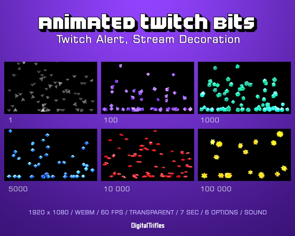 アニメーション ビット、ストリーム アラート パッケージ、6 つのフルスクリーン Twitch アラート、透明、新しい応援、寄付 / Animated Bits on Transparent Background, Stream Alert Package, 6 Full Screen Twitch Alerts, New Cheering, New Donations