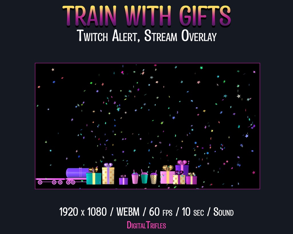おもちゃの機関車がプレゼントを届けました、Twitch アラート、ストリーム オーバーレイ、Vtuber とストリーマー向けのアニメーション アセット / Twitch Alert, Stream Overlay, Train with Gifts, Animated Asset for Vtubers and Streamers, Fullscreen Stream Alert