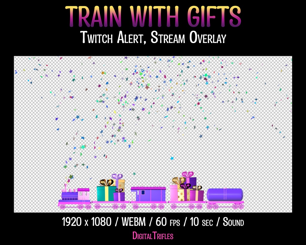 おもちゃの機関車がプレゼントを届けました、Twitch アラート、ストリーム オーバーレイ、Vtuber とストリーマー向けのアニメーション アセット / Twitch Alert, Stream Overlay, Train with Gifts, Animated Asset for Vtubers and Streamers, Fullscreen Stream Alert