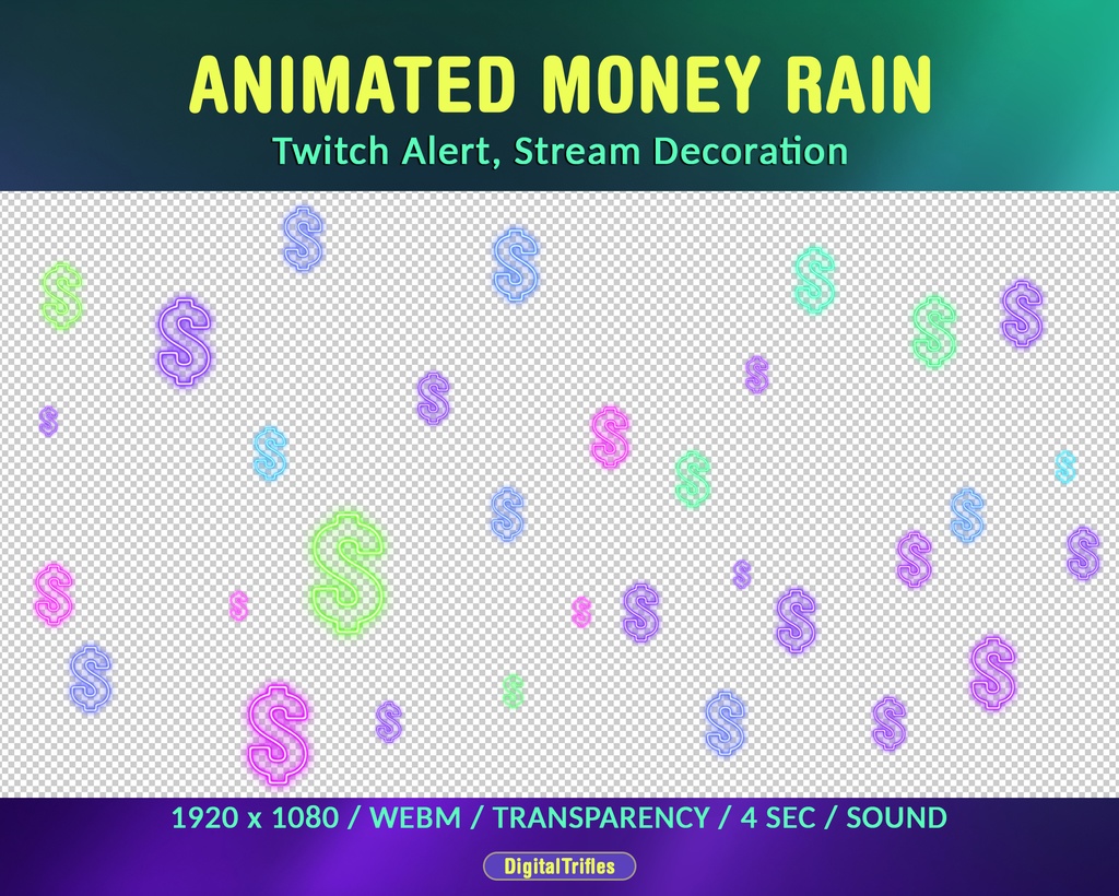 マネーレインTwitchアラート、落下するドル記号、新しい寄付、応援、ビット、ヒント、サウンド付きアニメーションストリームオーバーレイ / Money Rain Twitch Alert, Falling Dollar Signs, New Donation, Cheer, Bits, Tips, Animated Stream Overlay with Sound